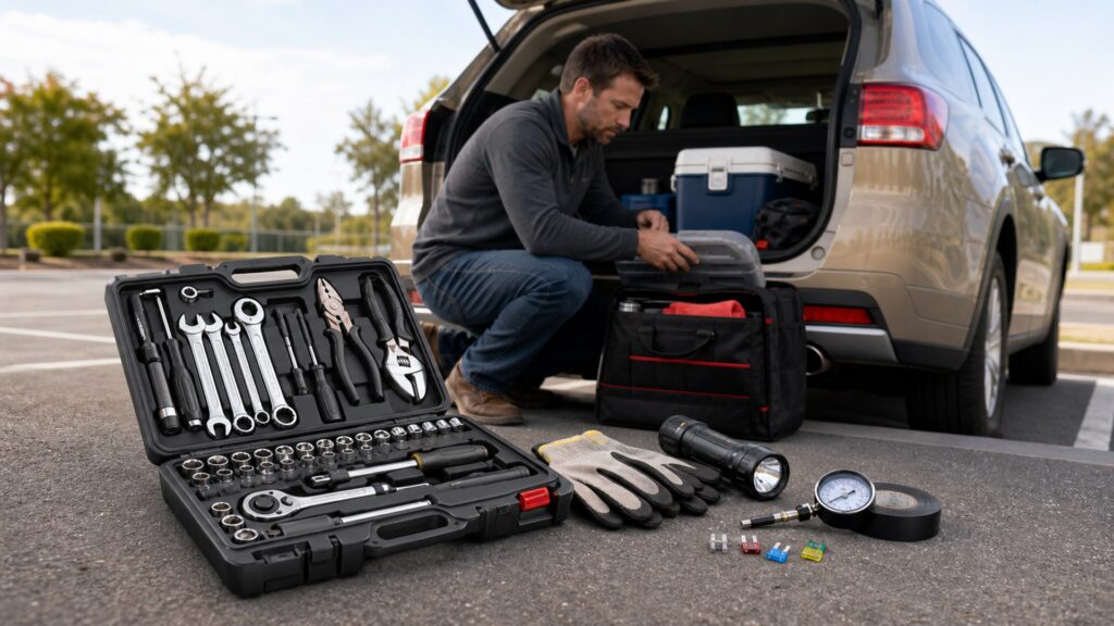 roadside tool kits shopping setup for family vehicle safety with practical vehicle-focused details