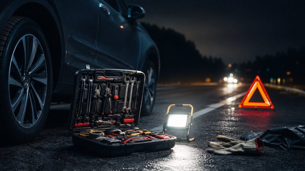roadside tool kits shopping setup for nighttime breakdown scenarios with practical vehicle-focused details