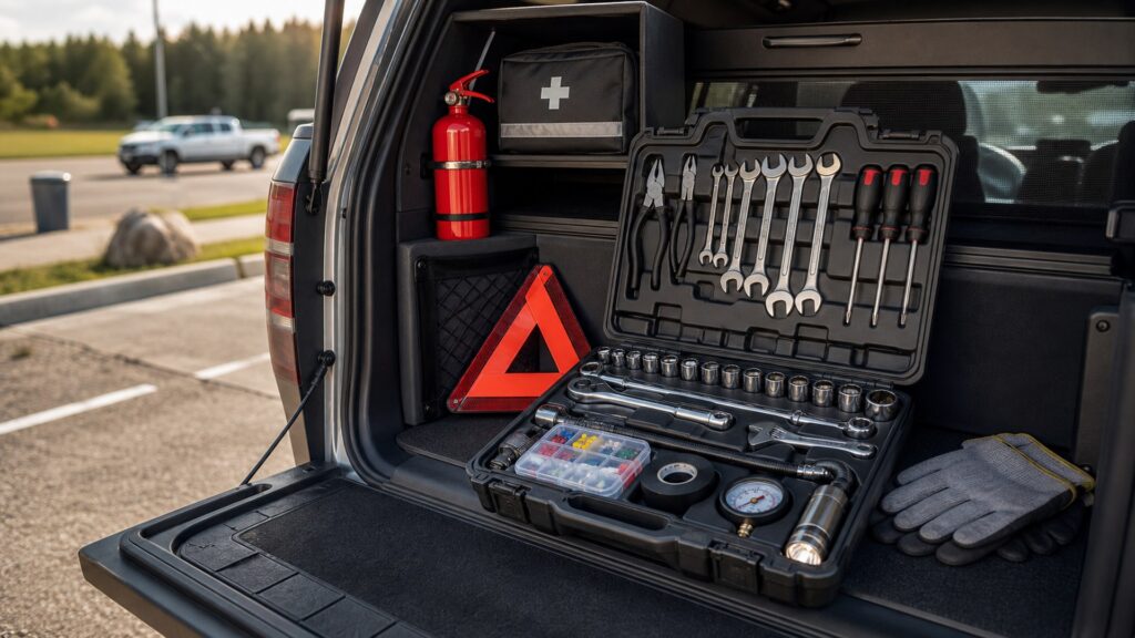 roadside tool kits shopping setup for roadside emergency kits storage and access with practical vehicle-focused details