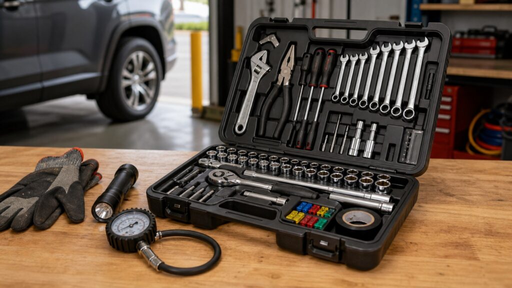 roadside tool kits shopping setup for overall selection with practical vehicle-focused details