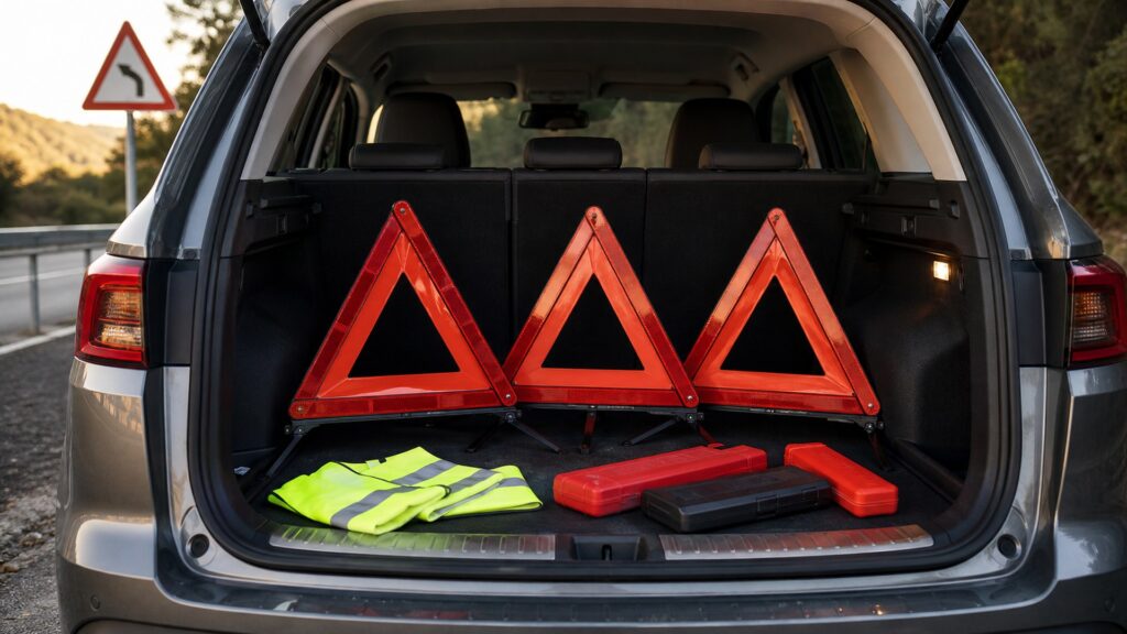 roadside warning triangles shopping setup for family vehicle safety with practical vehicle-focused details