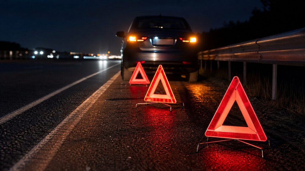 roadside warning triangles shopping setup for nighttime breakdown scenarios with practical vehicle-focused details