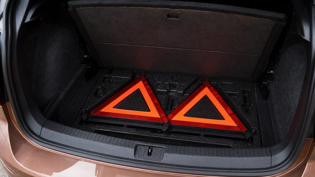 roadside warning triangles shopping setup for safety lighting storage and access with practical vehicle-focused details