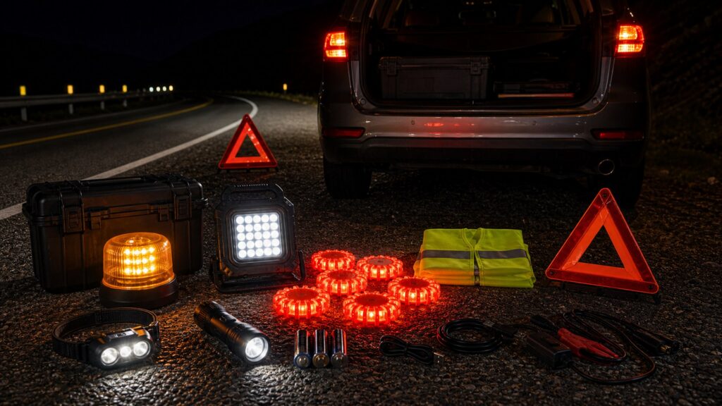 safety lighting shopping setup for nighttime breakdown scenarios with practical vehicle-focused details