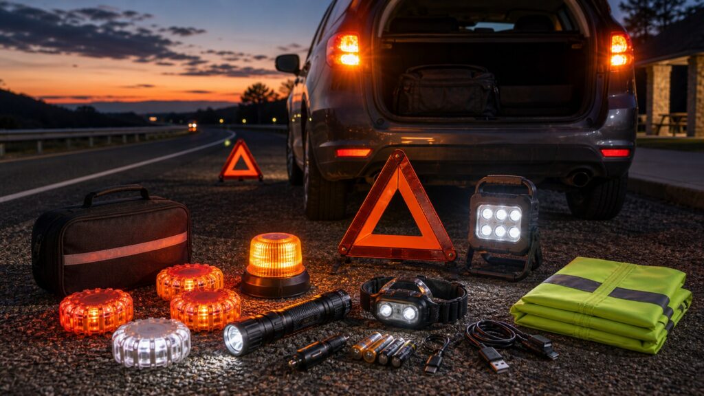 safety lighting shopping setup for roadside emergency prep with practical vehicle-focused details