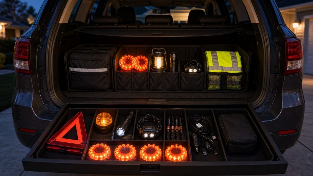 safety lighting shopping setup for safety lighting storage and access with practical vehicle-focused details