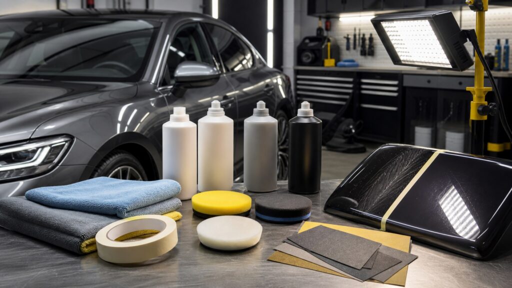 scratch removal kits shopping setup for maintenance wash supplies with practical vehicle-focused details