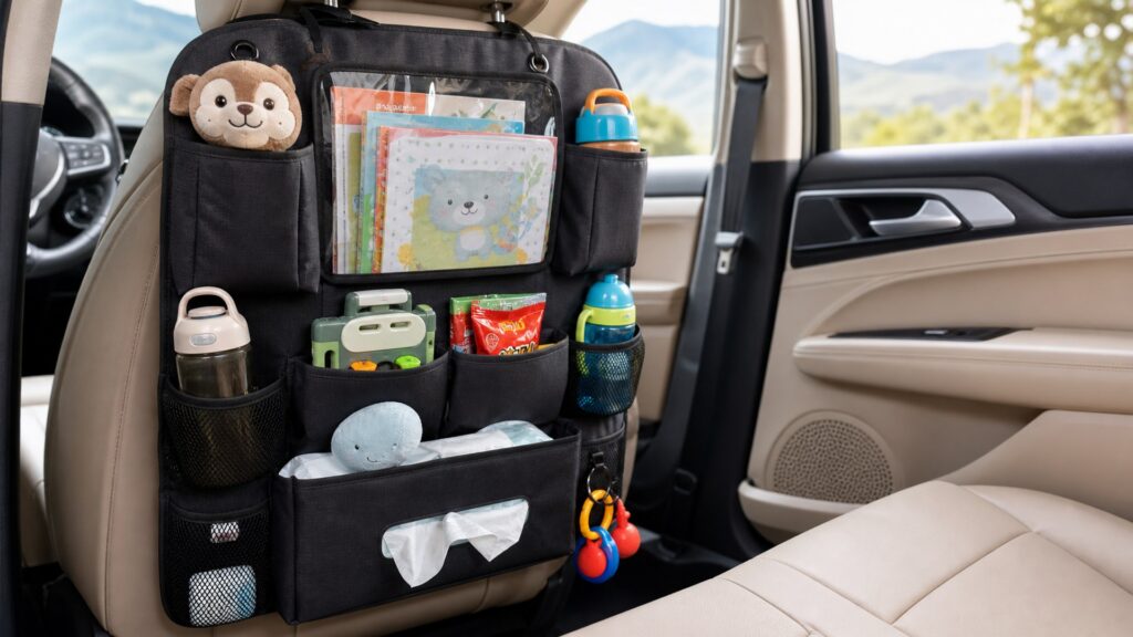 seat back organizers shopping setup for family vehicle organization with practical vehicle-focused details