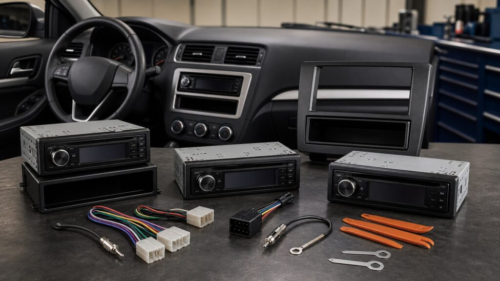 single din head units shopping setup for fleet and commuter vehicles with practical vehicle-focused details