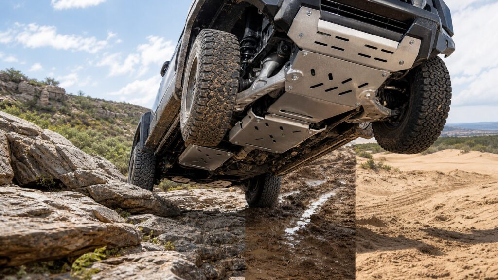skid plates shopping setup for rock, mud, and sand terrain with practical vehicle-focused details