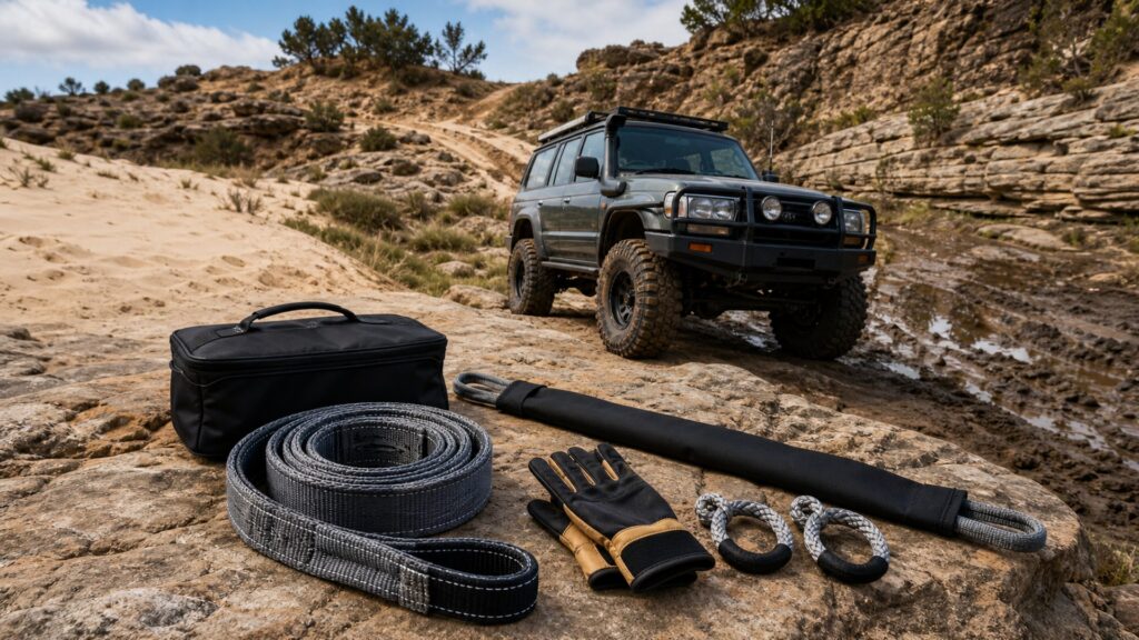 snatch straps shopping setup for rock, mud, and sand terrain with practical vehicle-focused details