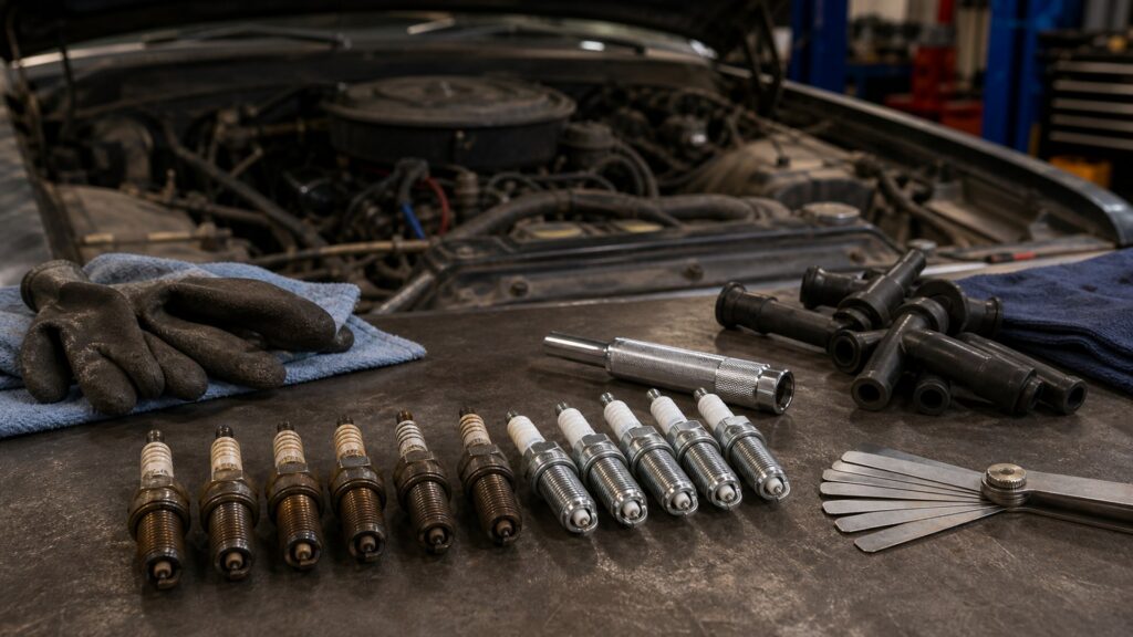 spark plugs shopping setup for high-mileage vehicle repairs with practical vehicle-focused details