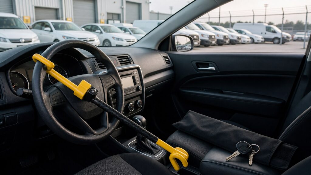 steering wheel locks shopping setup for fleet and commuter vehicles with practical vehicle-focused details