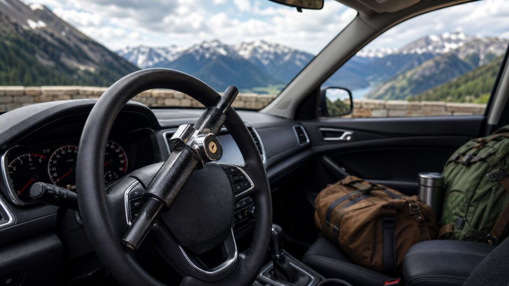 steering wheel locks shopping setup for road trip technology needs with practical vehicle-focused details