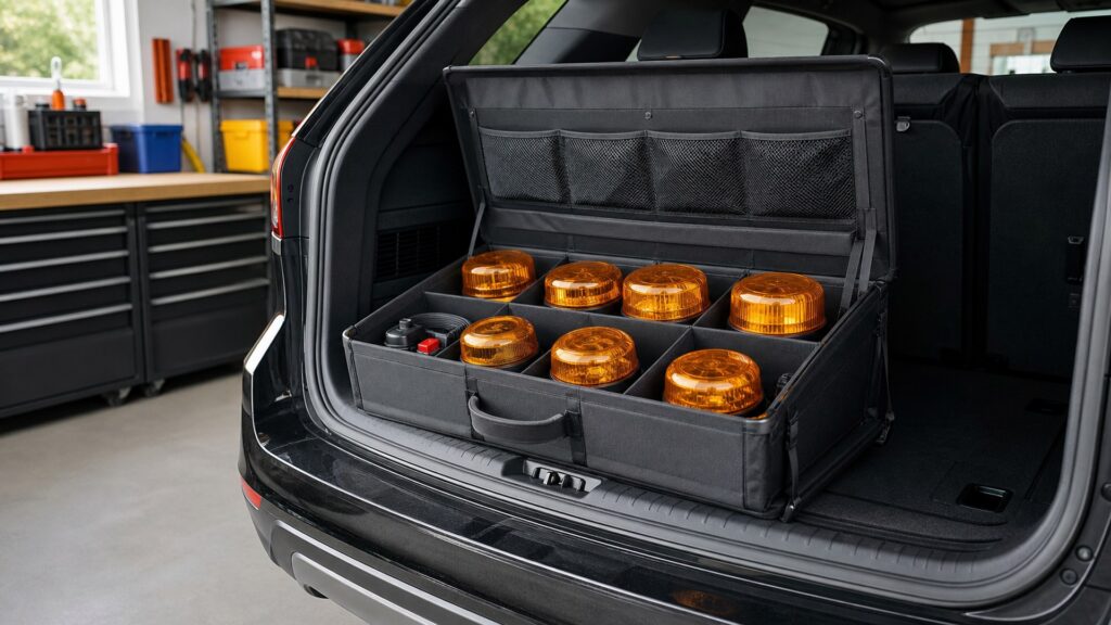 strobe warning lights shopping setup for safety lighting storage and access with practical vehicle-focused details