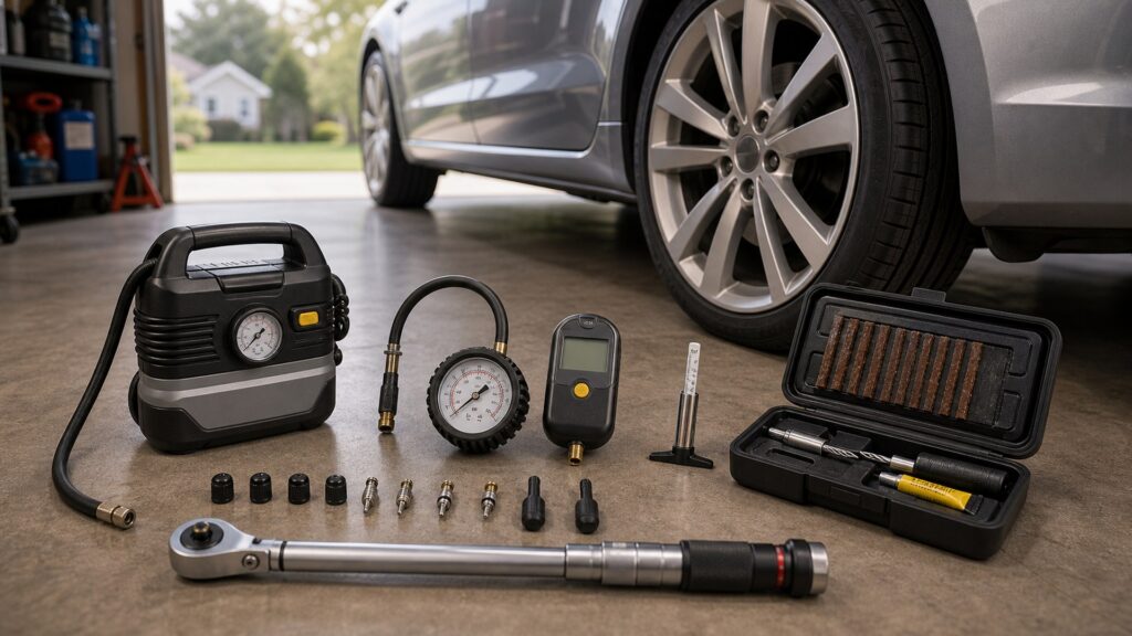 tire maintenance tools shopping setup for overall selection with practical vehicle-focused details