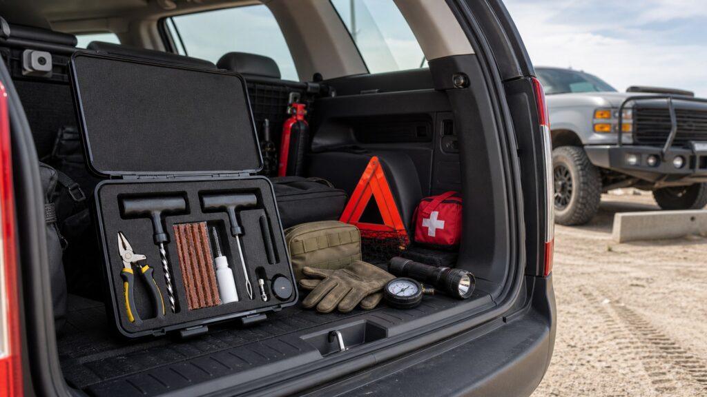 tire plug kits shopping setup for emergency tire repair storage and access with practical vehicle-focused details
