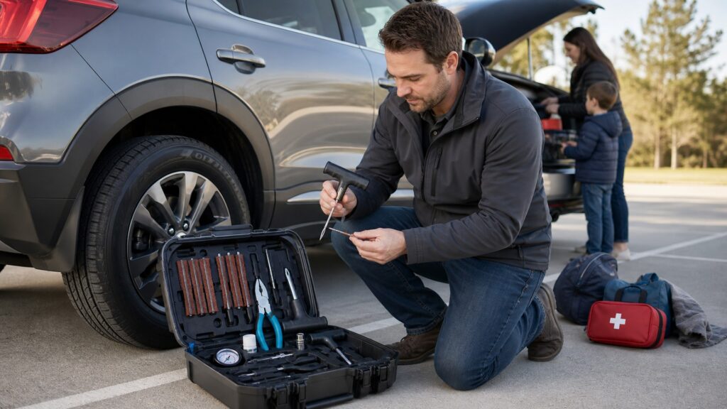 tire plug kits shopping setup for family vehicle safety with practical vehicle-focused details