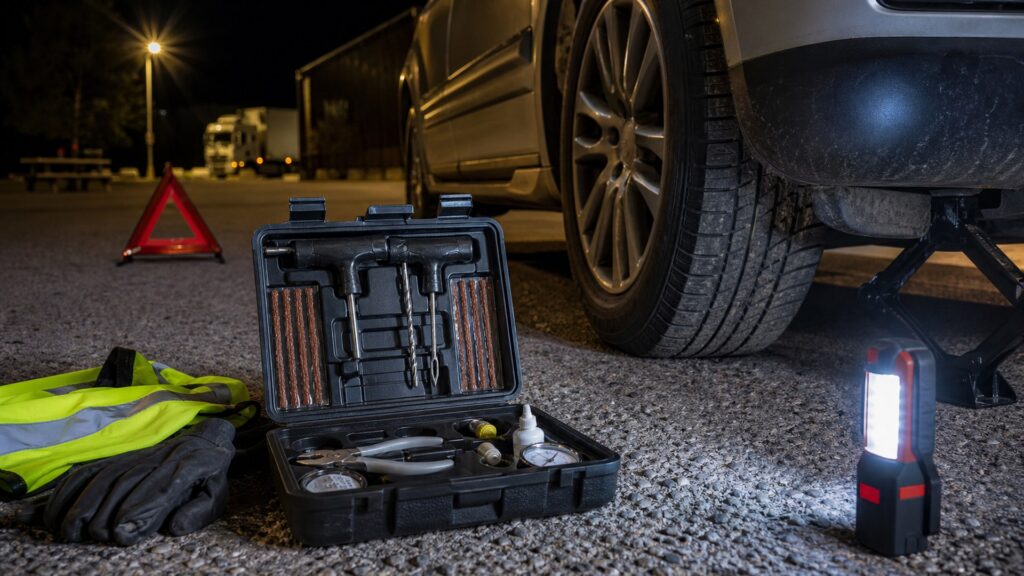 tire plug kits shopping setup for nighttime breakdown scenarios with practical vehicle-focused details
