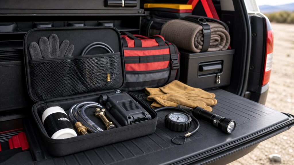 tire sealant kits shopping setup for emergency tire repair storage and access with practical vehicle-focused details
