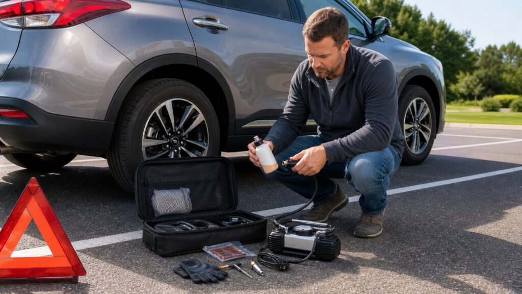 tire sealant kits shopping setup for family vehicle safety with practical vehicle-focused details