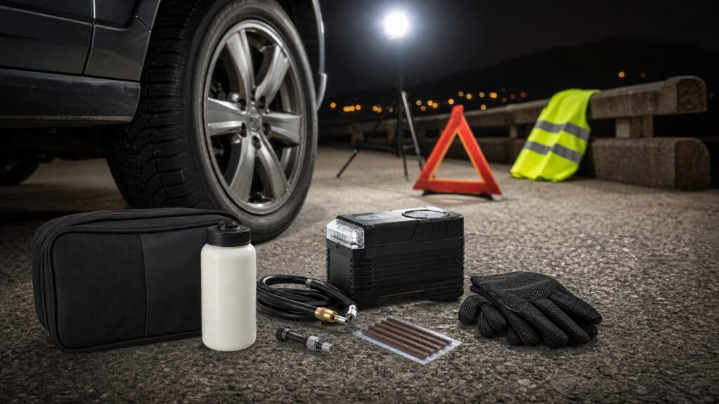 tire sealant kits shopping setup for nighttime breakdown scenarios with practical vehicle-focused details