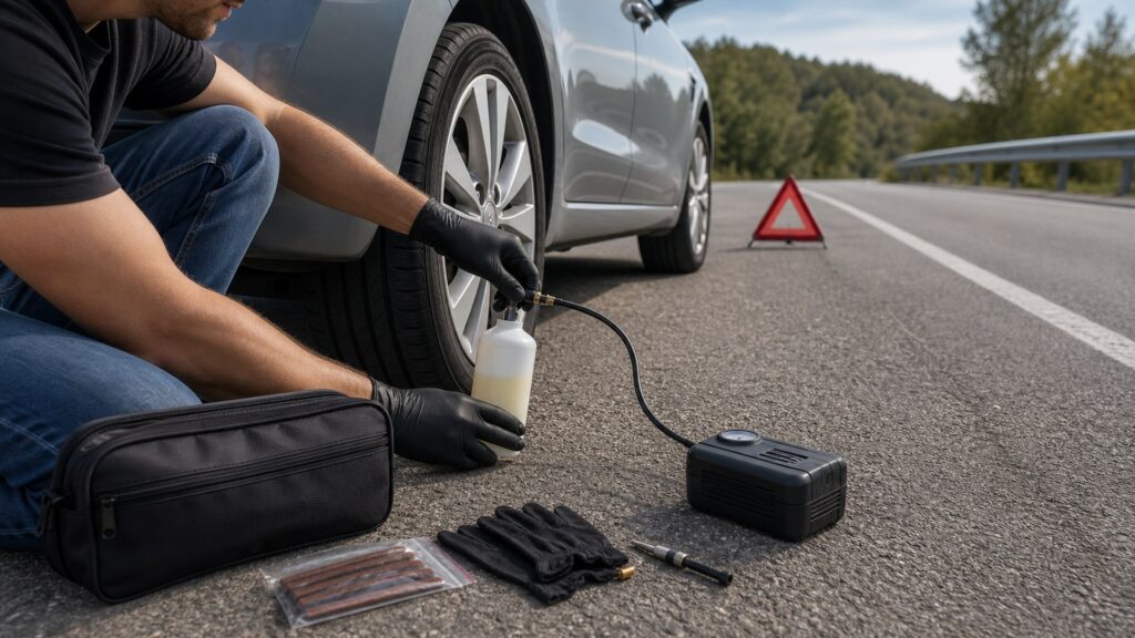 tire sealant kits shopping setup for roadside emergency prep with practical vehicle-focused details