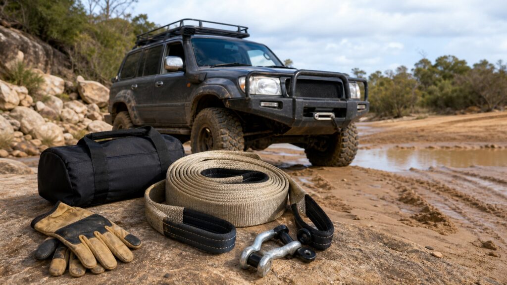 tow straps shopping setup for rock, mud, and sand terrain with practical vehicle-focused details