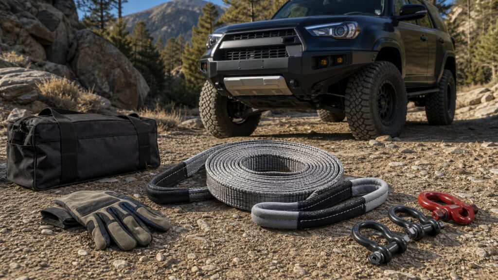 tow straps shopping setup for trail recovery planning with practical vehicle-focused details