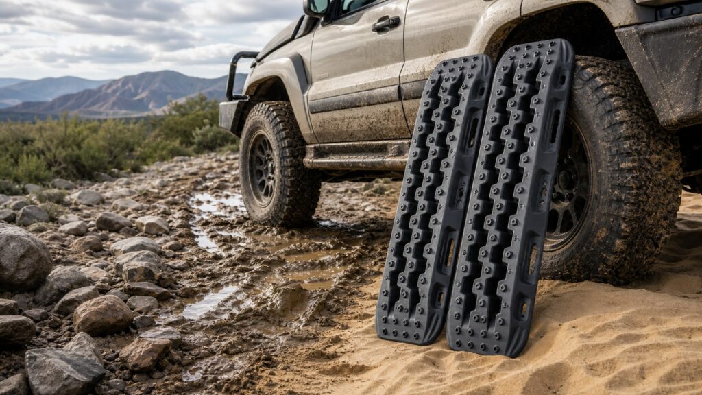 traction boards shopping setup for rock, mud, and sand terrain with practical vehicle-focused details