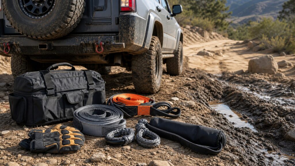 trail recovery kits shopping setup for rock, mud, and sand terrain with practical vehicle-focused details