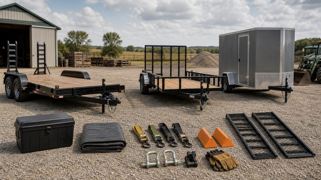 trailer types shopping setup for farm and jobsite use with practical vehicle-focused details