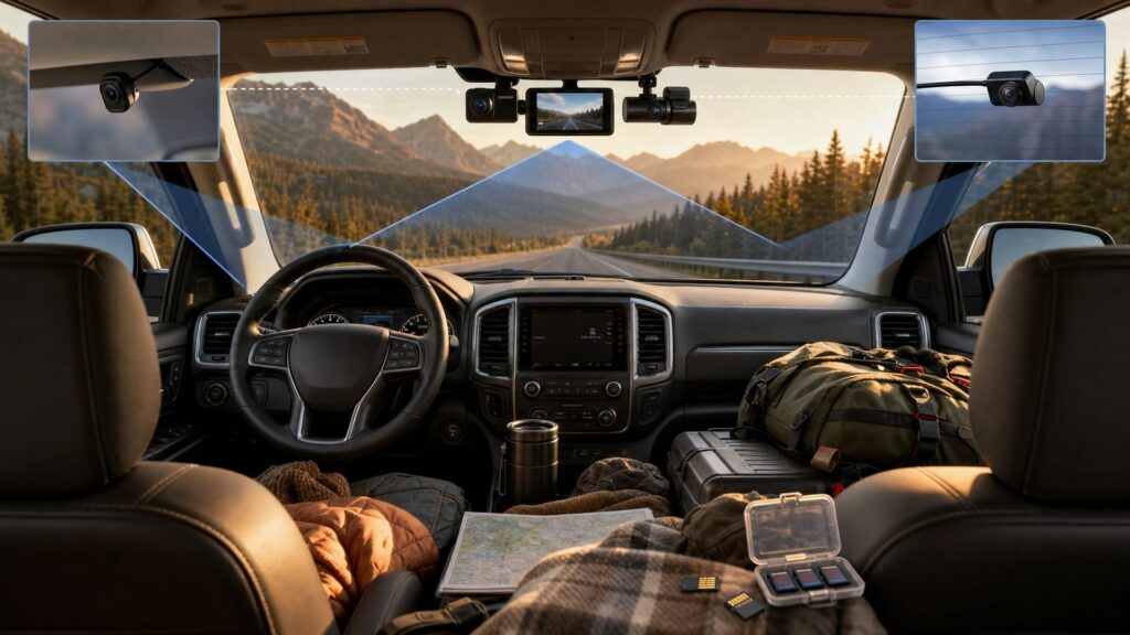 triple-channel dash cameras shopping setup for road trip technology needs with practical vehicle-focused details