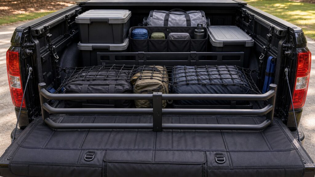 truck bed accessories shopping setup for cargo and storage expansion with practical vehicle-focused details