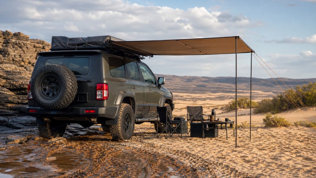 vehicle awnings shopping setup for rock, mud, and sand terrain with practical vehicle-focused details