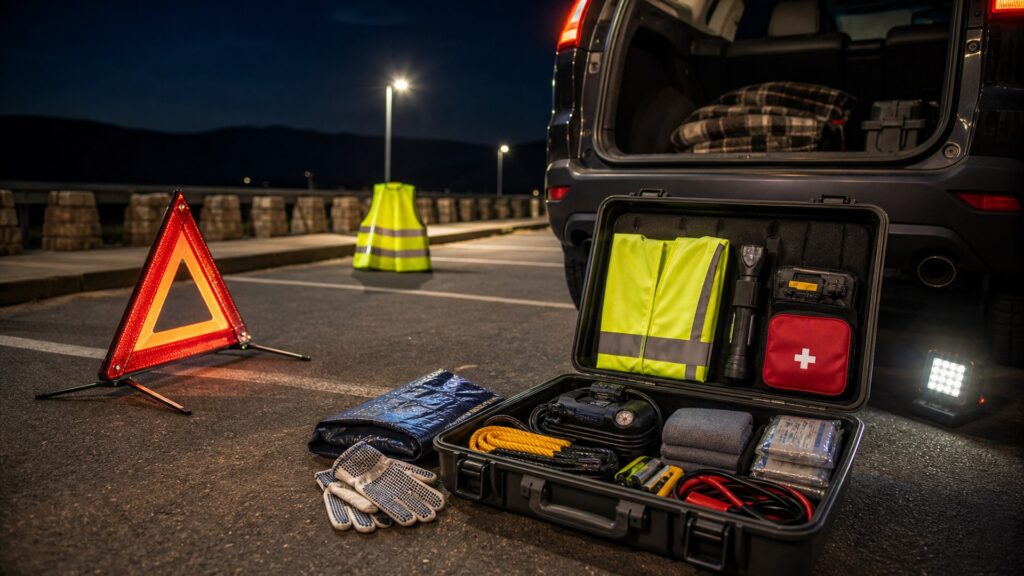 vehicle emergency kits shopping setup for nighttime breakdown scenarios with practical vehicle-focused details