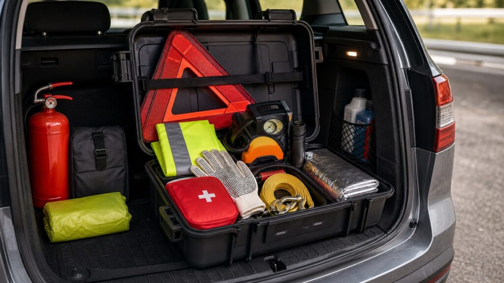 vehicle emergency kits shopping setup for roadside emergency kits storage and access with practical vehicle-focused details