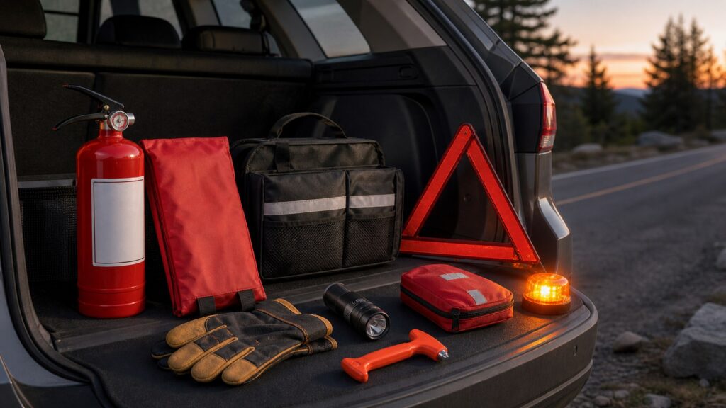 vehicle fire safety shopping setup for roadside emergency prep with practical vehicle-focused details