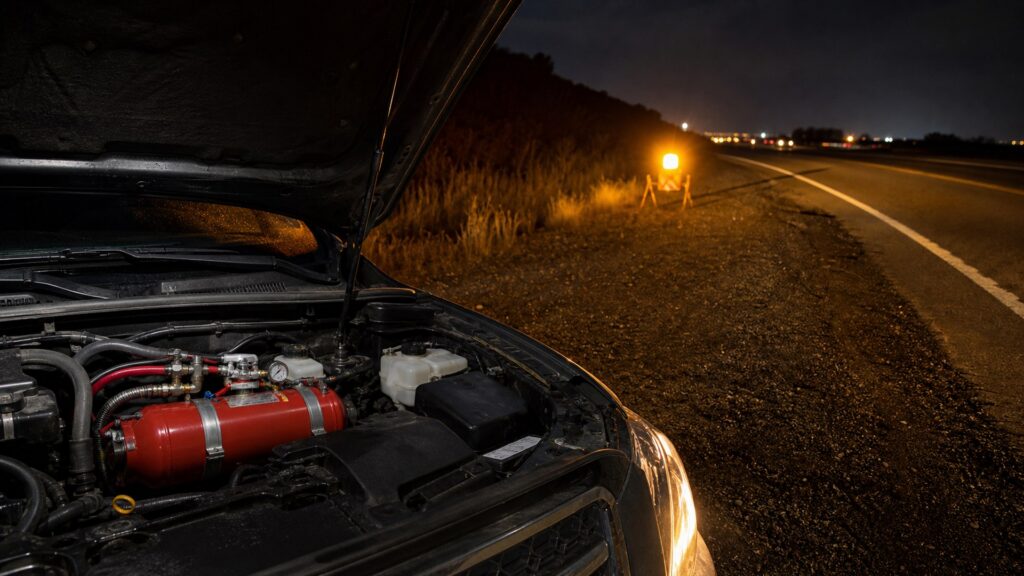 vehicle fire suppressant systems shopping setup for nighttime breakdown scenarios with practical vehicle-focused details