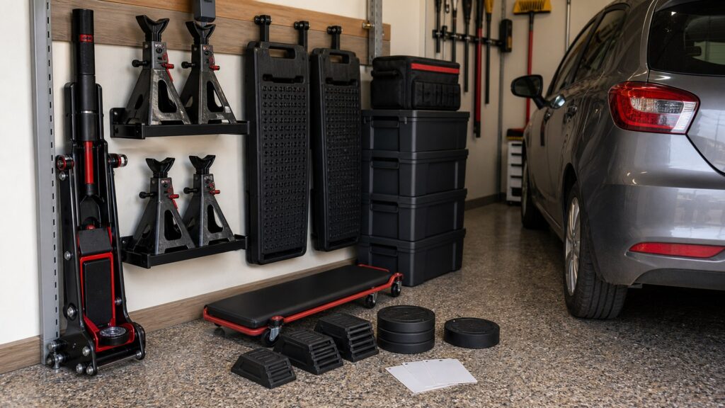 vehicle lifting equipment shopping setup for space-saving garage setups with practical vehicle-focused details