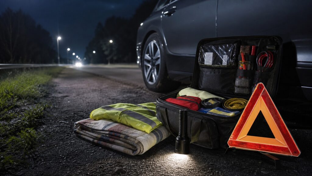 vehicle survival kits shopping setup for nighttime breakdown scenarios with practical vehicle-focused details