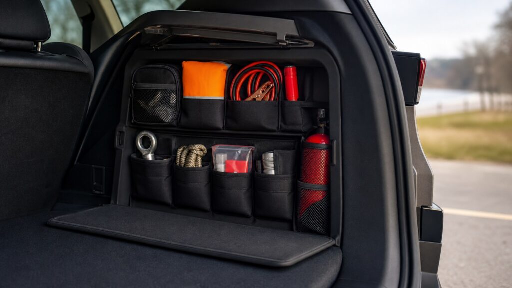 vehicle survival kits shopping setup for roadside emergency kits storage and access with practical vehicle-focused details