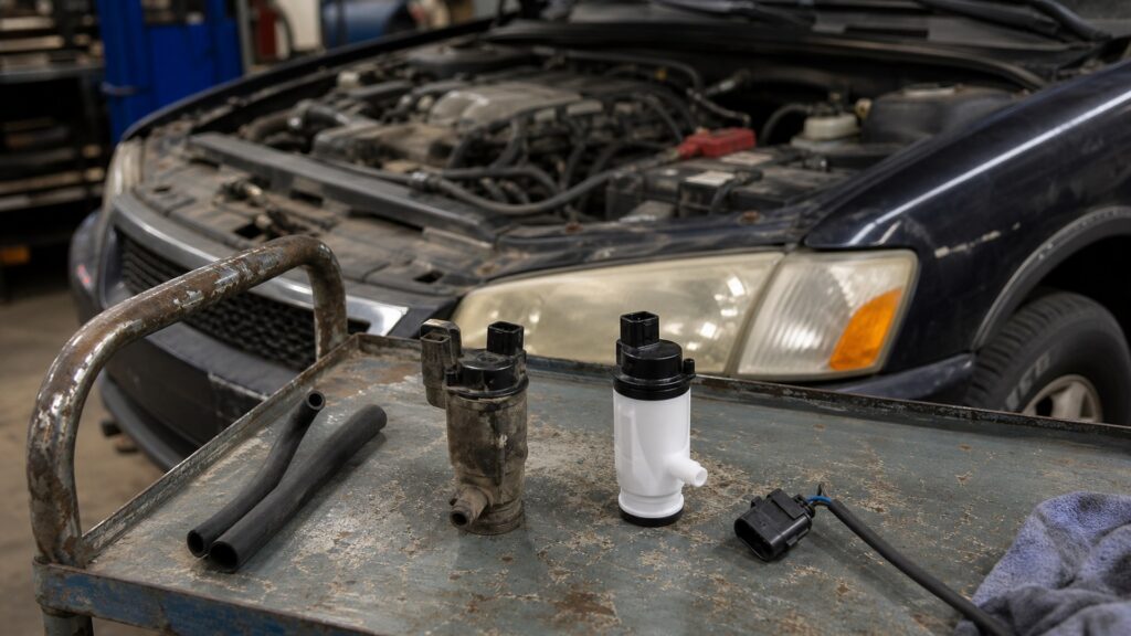 windshield washer pumps shopping setup for high-mileage vehicle repairs with practical vehicle-focused details