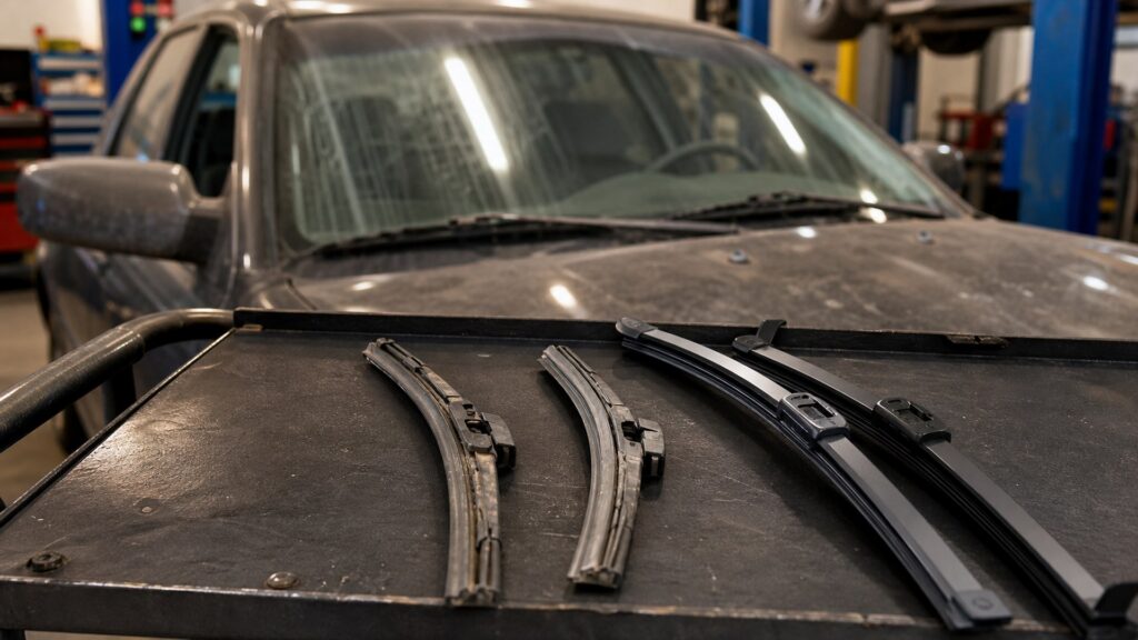 windshield wiper blades shopping setup for high-mileage vehicle repairs with practical vehicle-focused details
