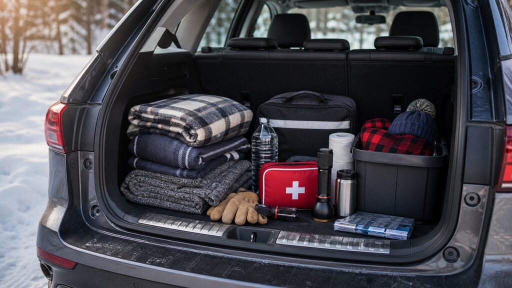 winter emergency kits shopping setup for family vehicle safety with practical vehicle-focused details