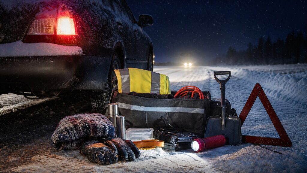 winter emergency kits shopping setup for nighttime breakdown scenarios with practical vehicle-focused details