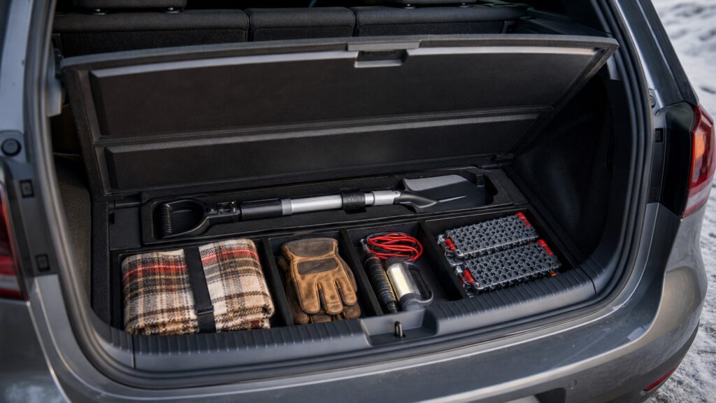 winter emergency kits shopping setup for roadside emergency kits storage and access with practical vehicle-focused details