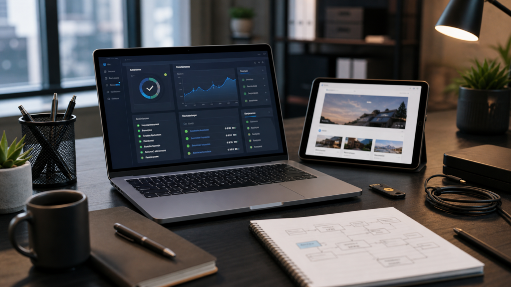 Ultra photorealistic enterprise WordPress operations desk hero image for WP Engine review