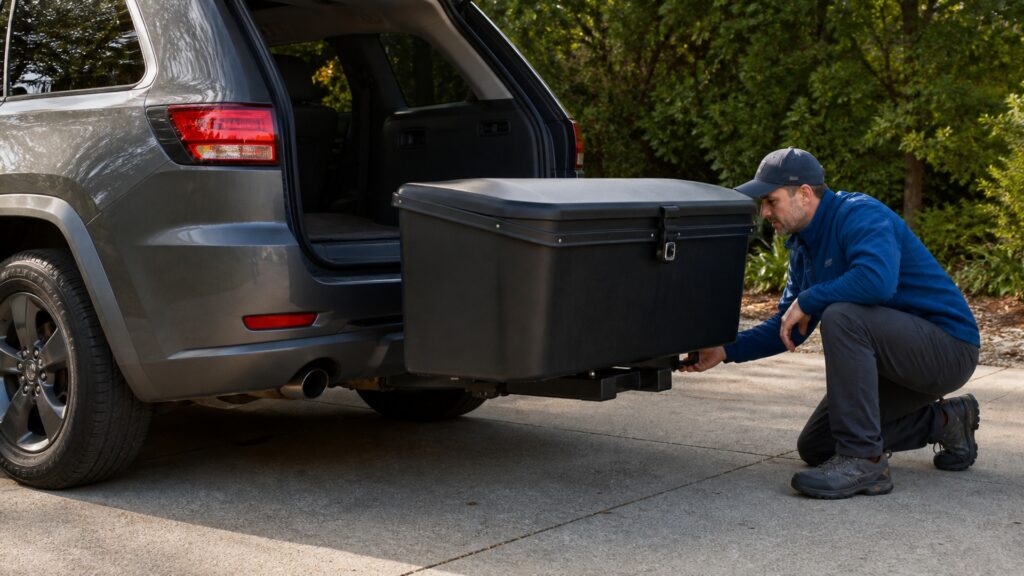 hitch mounted storage boxes explainer hero image for Review Streets