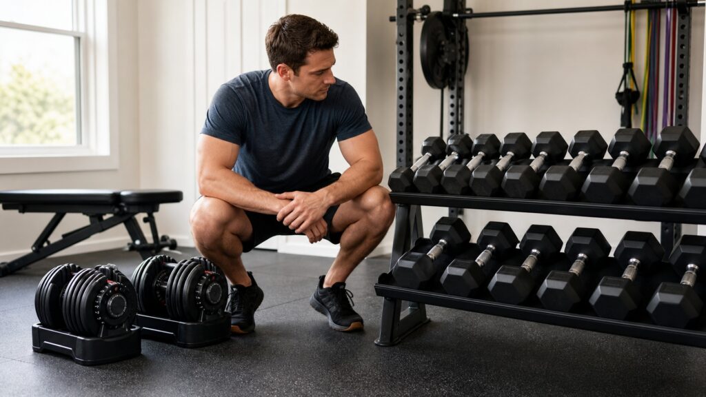 adjustable dumbbells explainer hero image for Review Streets